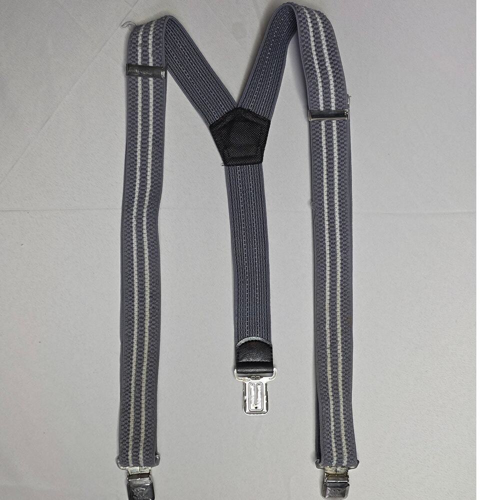 decale gray and white striped clip-on pants suspenders